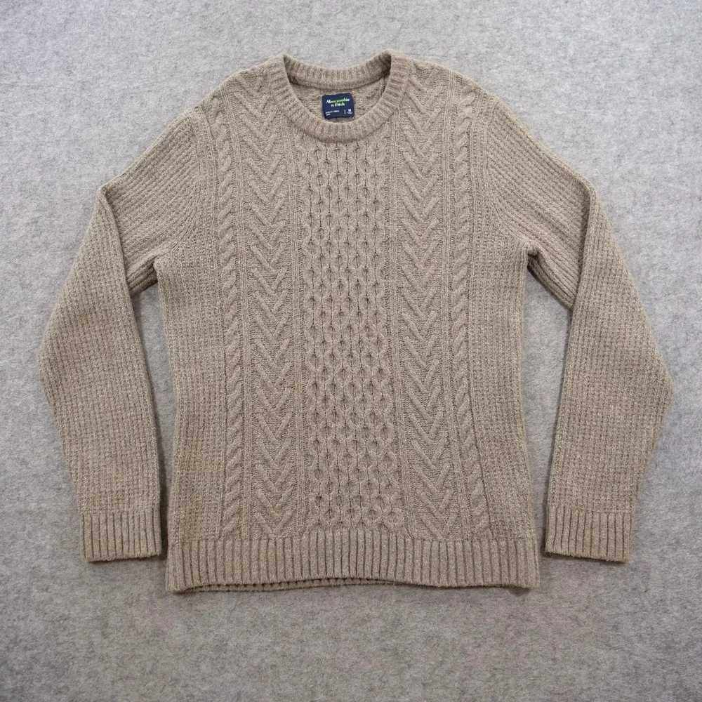 Abercrombie & Fitch Sweater Mens Medium Brown Cable Knit Fisherman Cotton Crew